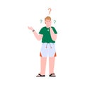 Confused man doubting and hesitating, cartoon vector illustration isolated.