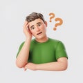 Confused man with question marks above head, wearing green shirt, thinking expression Royalty Free Stock Photo