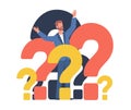 Confused man standing among question marks, concept of confusing options and complicated answers. Solving problems Royalty Free Stock Photo