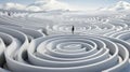 Confused man trapped in white circular maze