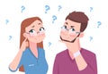 Confused man and woman. Young couple thinking a question, flat man and female, cartoon characters in doubt. Vector