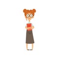 Confused nerd girl standing with book in hands. Cartoon female character with brown hair in glasses, blouse and long Royalty Free Stock Photo