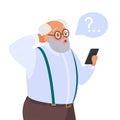 Confused old man holding phone, sad senior person with problem, question mark over head