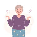 Confused old woman. Isolated senior woman standing in doubt, thinking of dilemma. Puzzled elderly lady shrugging. Flat Royalty Free Stock Photo