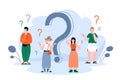 Confused people in doubt around question mark flat vector illustration isolated.