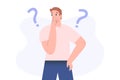 Confused person, guy thinking and solving a problem, young troubled man with question mark, flat vector illustration