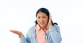 Confused, portrait and deaf woman with hand on ear in studio for speak up, volume or huh on white background. Doubt