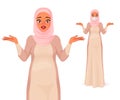 Confused pregnant Muslim woman shrugging shoulders. Vector illustration.