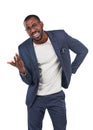 Confused, question and portrait of black man or businessman isolated against a studio white background. Wtf, huh and Royalty Free Stock Photo