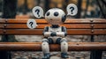 Confused robot sitting on park bench surrounded by question marks reflecting ai dilemmas