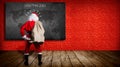 Confused santa claus in front of a blackboard with a world map and message CHRISTMAS 2020