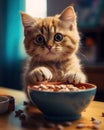 Confused, scared, cute, little red fluffy kitten in kitchen on table next to bowl of food looking in camera surrounded by clutter Royalty Free Stock Photo