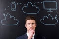 Confused smart developer man is thinking about project