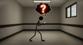 Confused Stickman Holding Phone in Corridor with Question Mark in Thought Bubble Pixelated Black and White Style Royalty Free Stock Photo