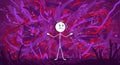 Confused Stickman Surrounded by Abstract Purple and Red Explosion, Standing with Open Arms in Front of a Textured Background Royalty Free Stock Photo