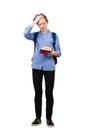 Confused student hand to forehead, facepalm gesture, holds books, not prepared for exams. Difficult task concept, discontent guy