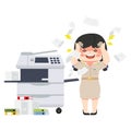 A confused teacher struggles with a broken office multifunction printer and copier Royalty Free Stock Photo