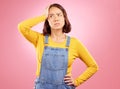 Confused, thinking and asian woman in studio with questions, problem or choice on pink background. Doubt, decision and Royalty Free Stock Photo