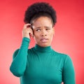 Confused, thinking and black woman scratching head in studio with choice or decision on red background. Question, why Royalty Free Stock Photo