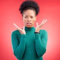 Confused, thinking and black woman in studio with questions, wtf and pensive gesture on red background. Doubt, why and Royalty Free Stock Photo