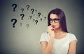 Confused thinking woman seeking a solution looking preoccupied has many questions Royalty Free Stock Photo