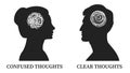 Confused thoughts and clear thoughts concept. Two people with a conditional image of the brain in the form of a tangled ball and