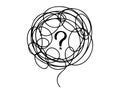 confused thoughts tangle bubble with question mark doodle hand drawn icon. Outline drawing psychological concept of