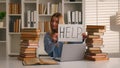 Confused tired student girl teen high school pupil exhausted stressed woman with books laptop studying in university Royalty Free Stock Photo