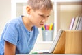 Confused upset teenage boy stuck with homework. Kid having learning problem. Learning difficulties, online education