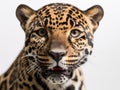 Confused wild leopard portrait and isolated white background Royalty Free Stock Photo
