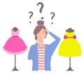 Confused Woman and Clothes, Shopping Female Vector