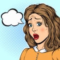 Sad confused woman face with thinking balloon vector illustration in pop art retro comic style Royalty Free Stock Photo