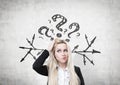 Confused woman, questions and arrows Royalty Free Stock Photo