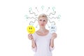 Confused woman with sad and happy emojis Royalty Free Stock Photo