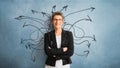 Confused woman on smile illustrated on blackboard with chalk drawing of arrows going everywhere around head showing indecision