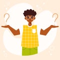 Confused young African American guy thinking surrounded by question marks. Vector character in flat cartoon style