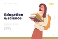 Confused young female student character carrying pile of heavy books landing page template Royalty Free Stock Photo