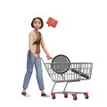 Confused young woman pushing an empty trolley with a magnifying glass ornament