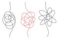 Confusing difficult arrows. set Tangle scribbles with arrow, simple lines knot designs, chaos tangled drawing wires