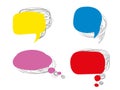 Confusing speech bubbles with color fill. Abstract dialog blue chaotic communication with red tangles.