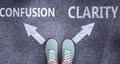 Confusion and clarity as different choices in life - pictured as words Confusion, clarity on a road to symbolize making decision