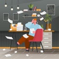 Confusion and mess. Stressed man office worker dropped papers. Panic and problems at work