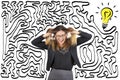 Confusion and stress. Maze and bulb. Reach the solution. Business woman stressed pulling her hair.