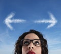 Confusion of way for a businesswoman. Concept of difficult career Royalty Free Stock Photo