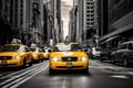 A congested city street with numerous vehicles jammed in heavy traffic, Classic yellow taxi cabs in the busy streets of Manhattan