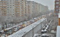 Bucharest congested road traffic due to the snow deposited Royalty Free Stock Photo