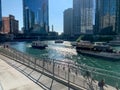 Congestion on the Chicago River as boats of all shapes and sizes take advantage of summer in Chicago