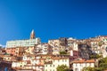 Conglomeration of old vintage colorful houses named borgo on a hilltop of Ventimiglia in Liguria, Italy