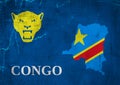congolese border country shape and flag with minimalist leopard and famous . rich and colorful and flat design create with old-