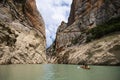 Congost de Mont Rebei, mountain gorge with azure river and canoe, kayaking in Aragon, Catalonia, Spain